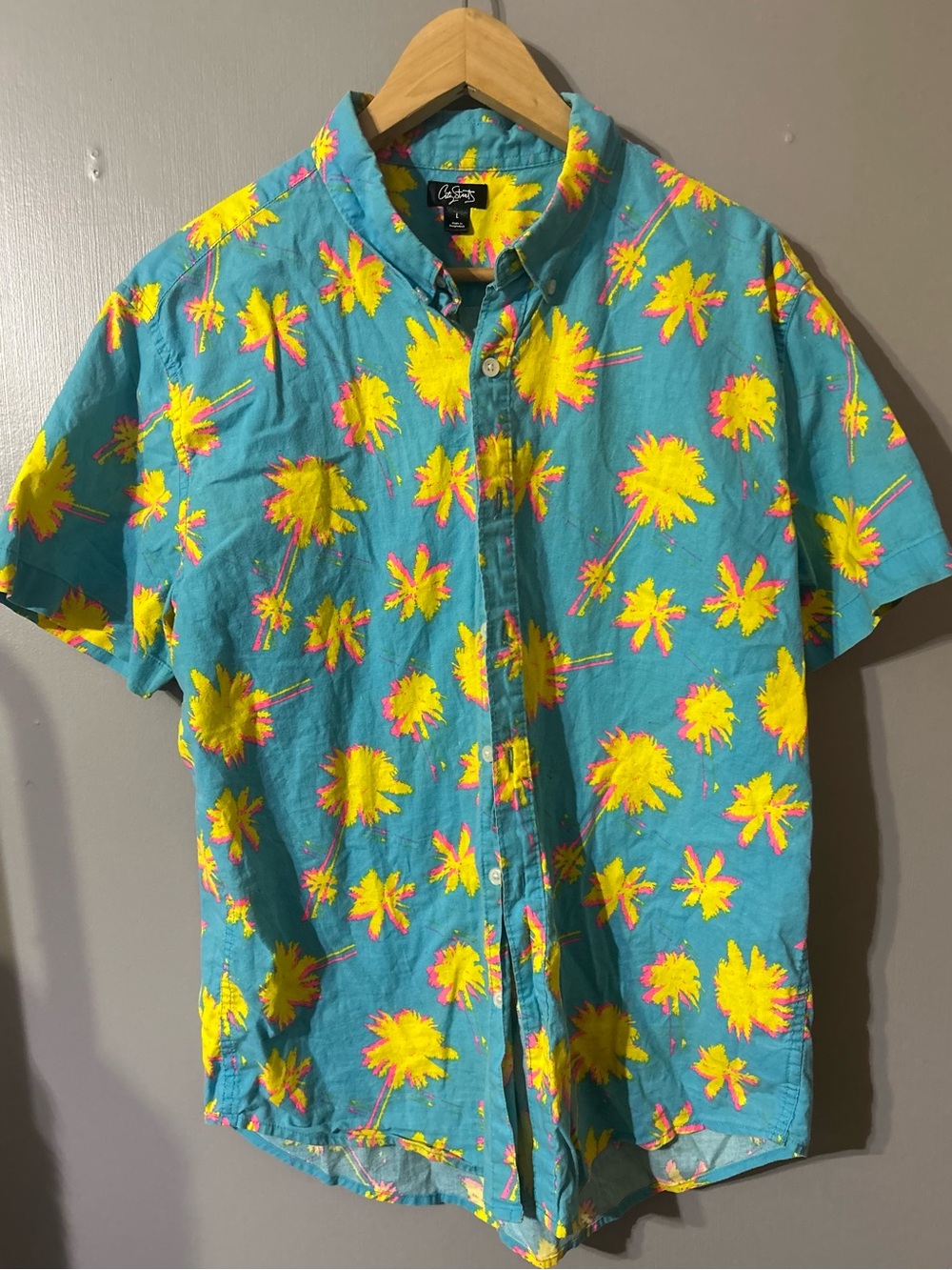 City Streets Teal Short-Sleeve Tropical Palm Tree Print Button Down Size Large